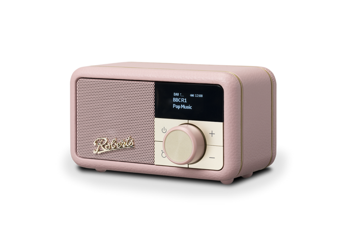 Roberts Revival Petite Dusty Pink Radio with retro design, compact size – available at Keans Claremorris