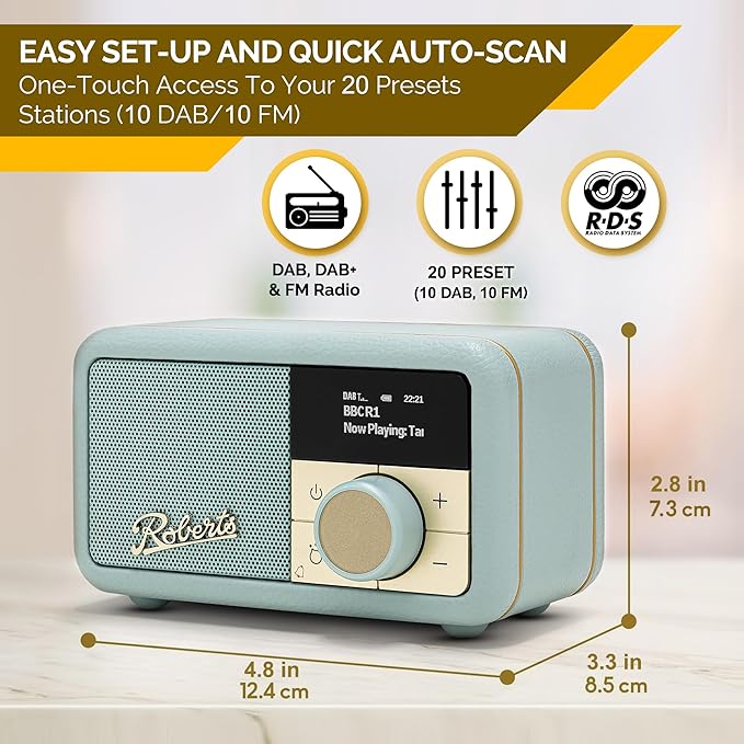Roberts Revival Petite Duck Egg Radio with retro design, compact size – available at Keans Claremorris