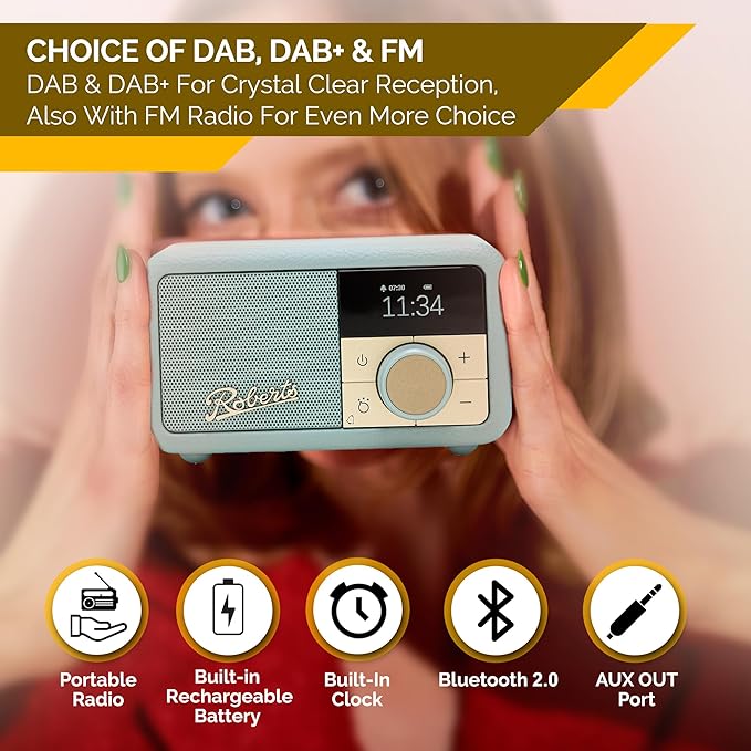 Roberts Revival Petite Duck Egg Radio with retro design, compact size – available at Keans Claremorris