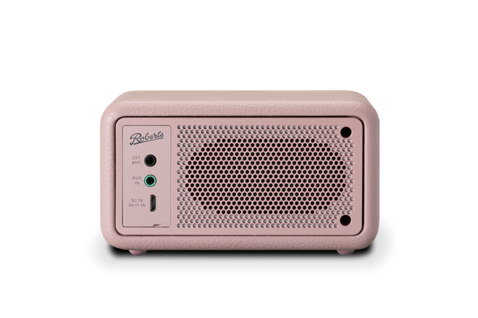 Roberts Revival Petite Dusty Pink Radio with retro design, compact size – available at Keans Claremorris