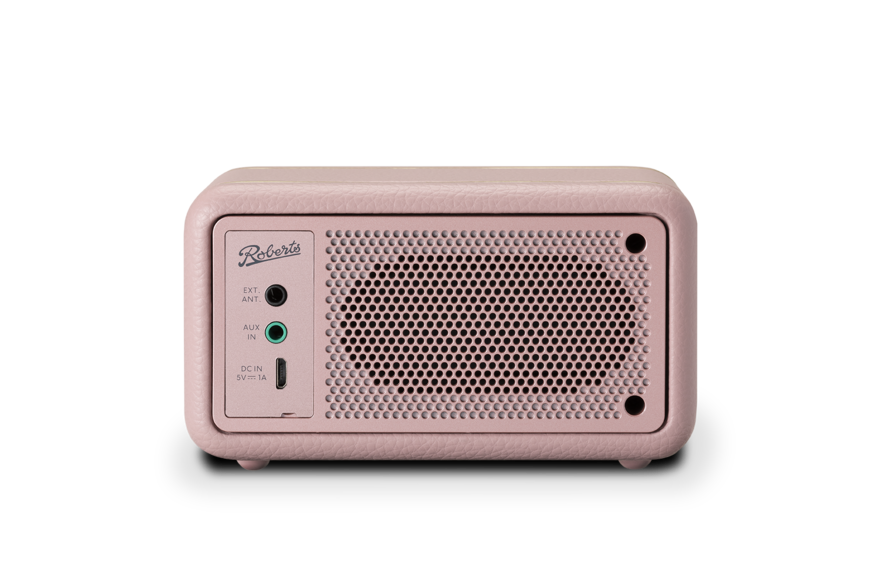 Roberts Revival Petite Dusty Pink Radio with retro design, compact size – available at Keans Claremorris