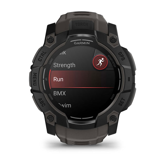 Garmin Instinct 3 50mm AMOLED smartwatch in black with charcoal band, rugged design – available at Keans Claremorris
