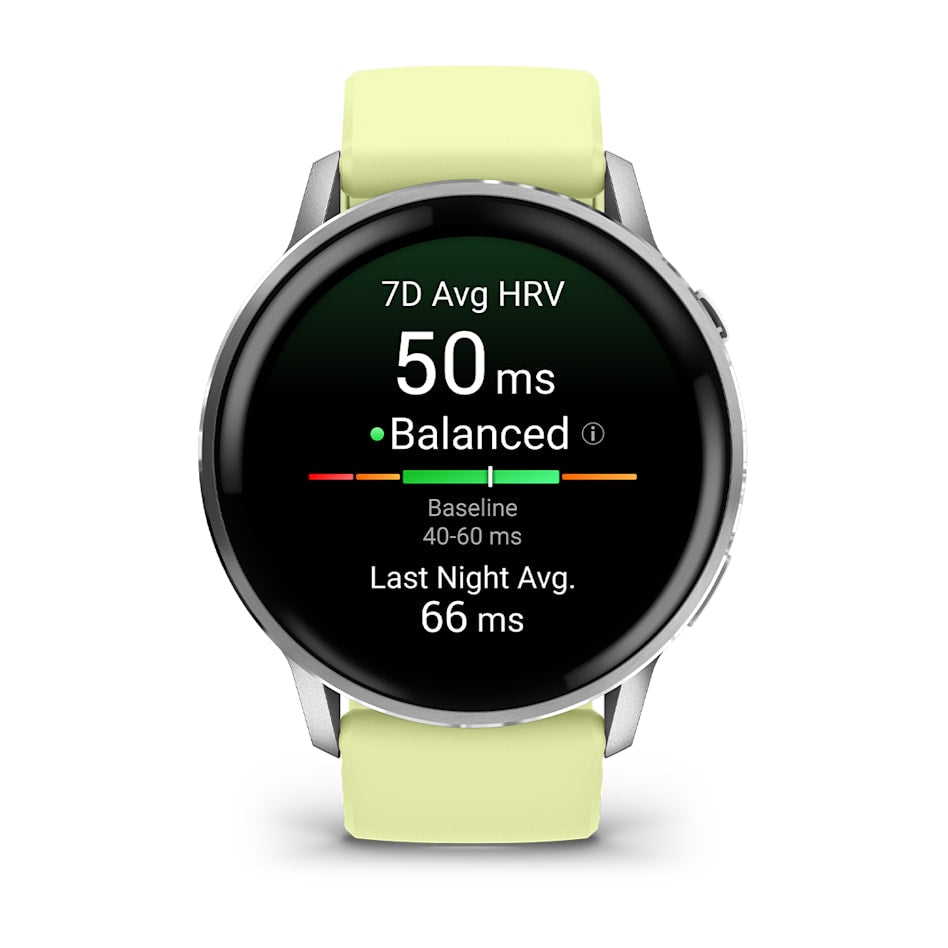 Garmin Venu 4 smartwatch with gray silver case and light green band showing heart rate variability stats.