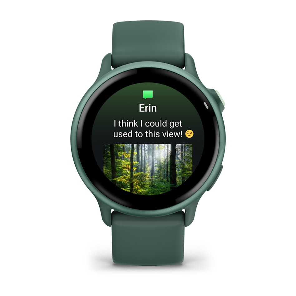 Garmin Vivoactive 6 smartwatch in jasper green showing a message notification on screen.