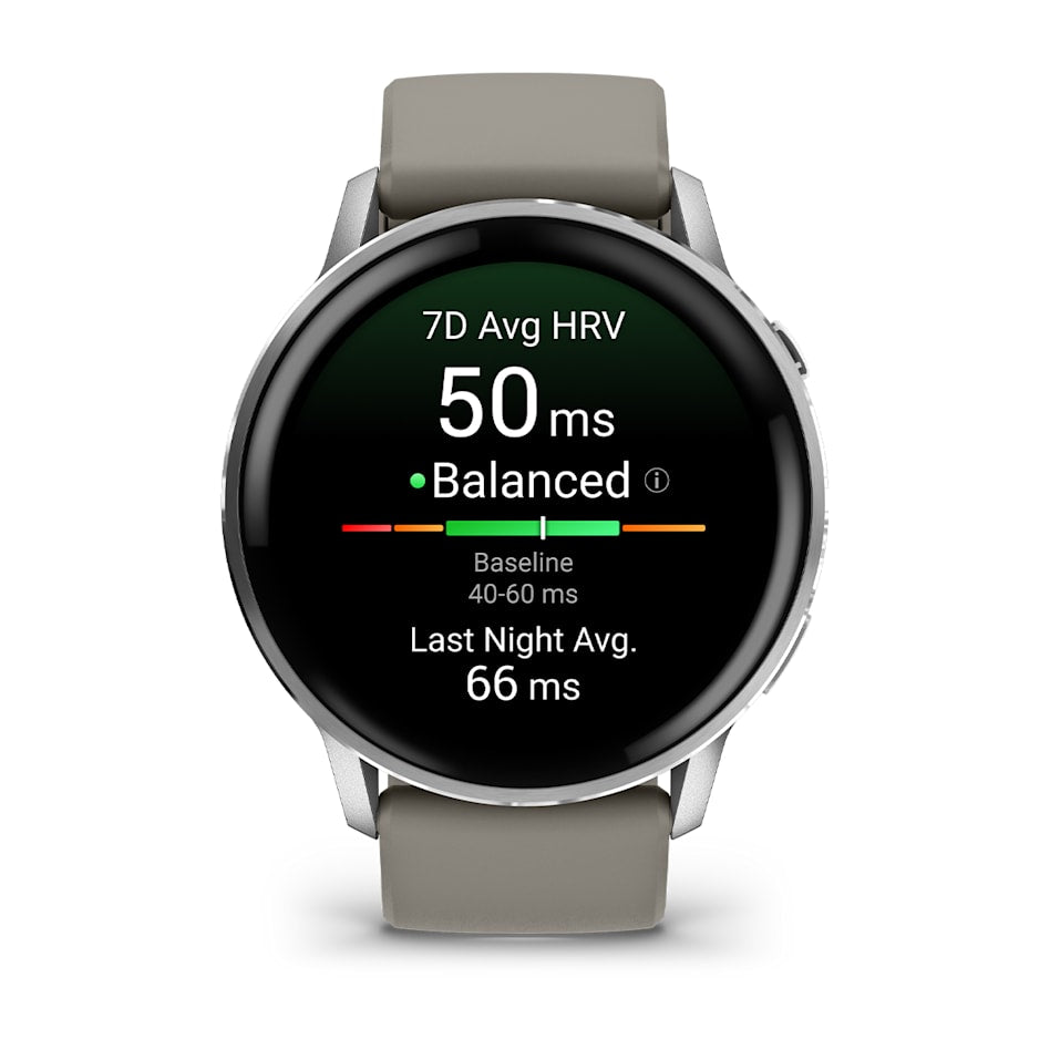 Garmin Venu 4 smartwatch in silver with silver grey silicone band showing heart rate variability stats on screen