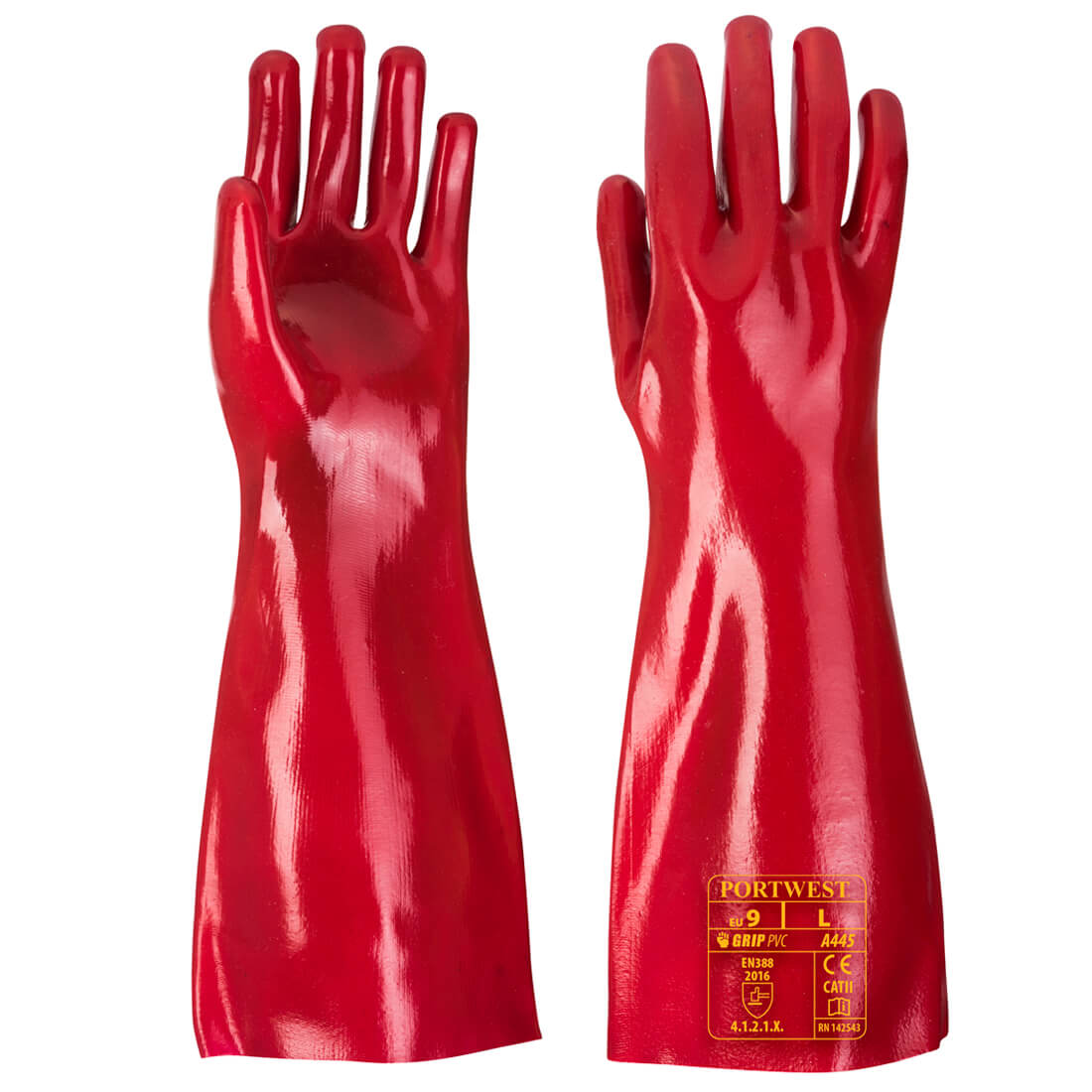 Pair of bright red extra large Portwest PVC gauntlet gloves with extended cuffs and safety markings.