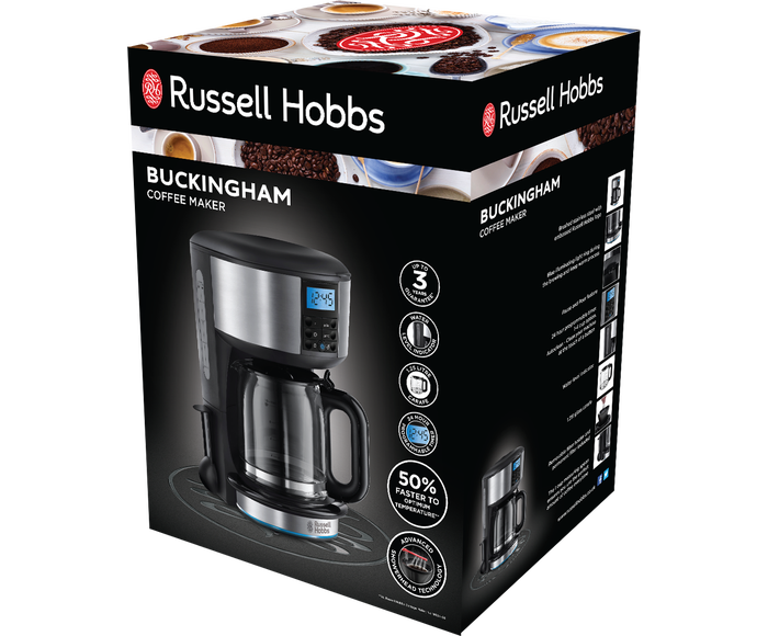 Russell Hobbs Buckingham Coffee Machine packaging showing the coffee maker with digital display and glass carafe.