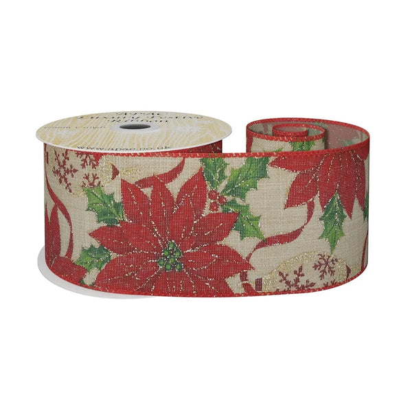 Natural Ribbon Red Poinsettia and Bauble  63mm x 10yd wire edge