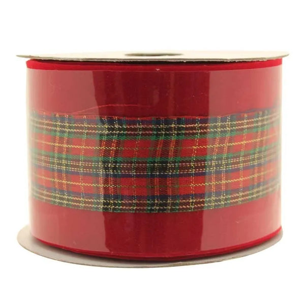 63mm x 10yds Red Velvet Ribbon W/Tartan Centre
