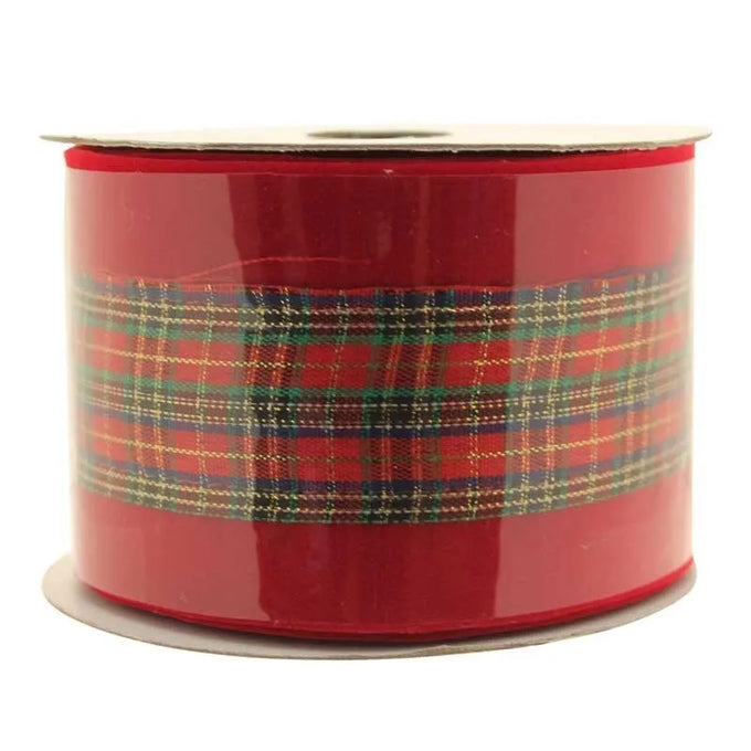 63mm x 10yds Red Velvet Ribbon W/Tartan Centre - Image 1