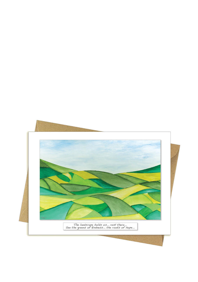 Greener Landscape Card by Rita Oates, FSC-approved with recycled packaging, 180x130mm, available at Keans Claremorris.