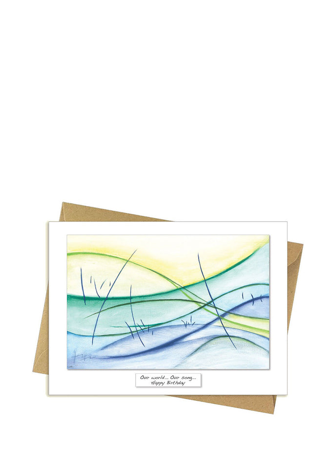 Our World Happy Birthday Card by Rita Oates, eco-friendly design on FSC paper, 180x130mm, available at Keans Claremorris.