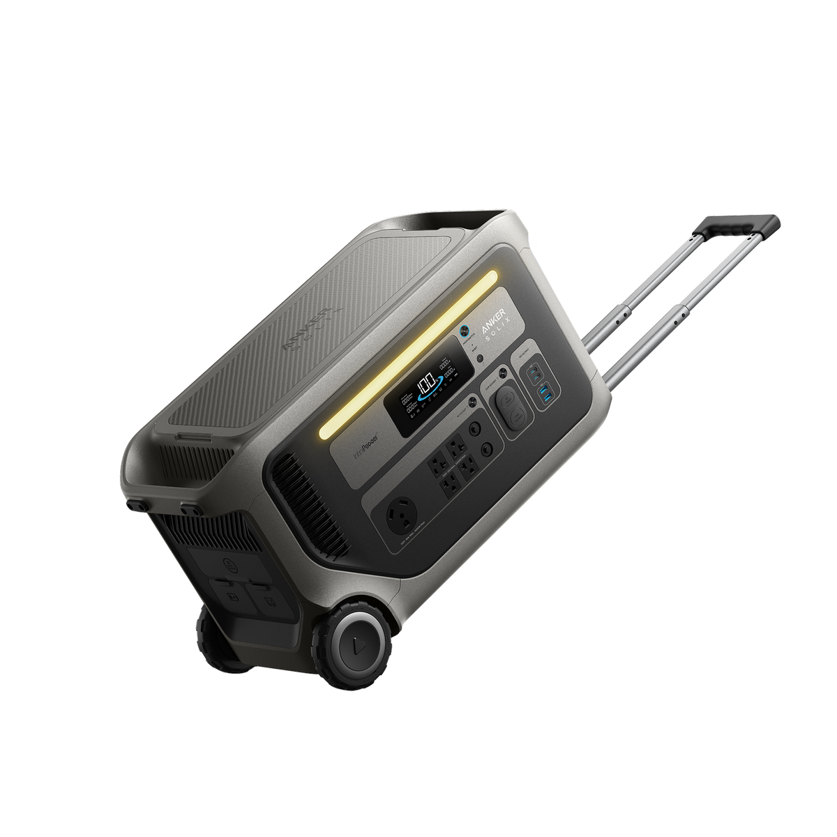 Anker Solix F3000 power station angled view showing control panel, display, ports, wheels, and extended handle.
