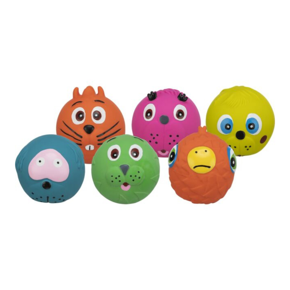 Latex Faces 6cm squeaky dog toy ball with 6 face designs, soft latex, sold individually – Keans Claremorris