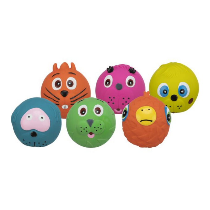 Latex Faces 6cm squeaky dog toy ball with 6 face designs, soft latex, sold individually – Keans Claremorris