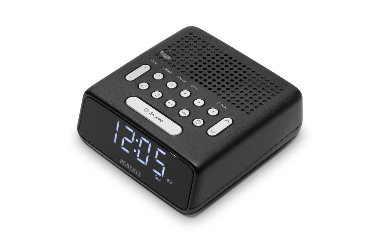 Roberts FM Alarm Clock Radio in Black, compact design with clear display | Available at Keans Claremorris