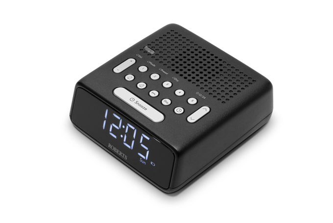 Roberts FM Alarm Clock Radio in Black, compact design with clear display | Available at Keans Claremorris