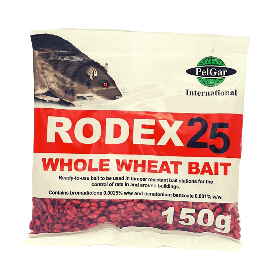 Rodex 25 Whole Wheat Bait 150g for rat control, contains bromadiolone, chocolate aroma, from Keans Claremorris.