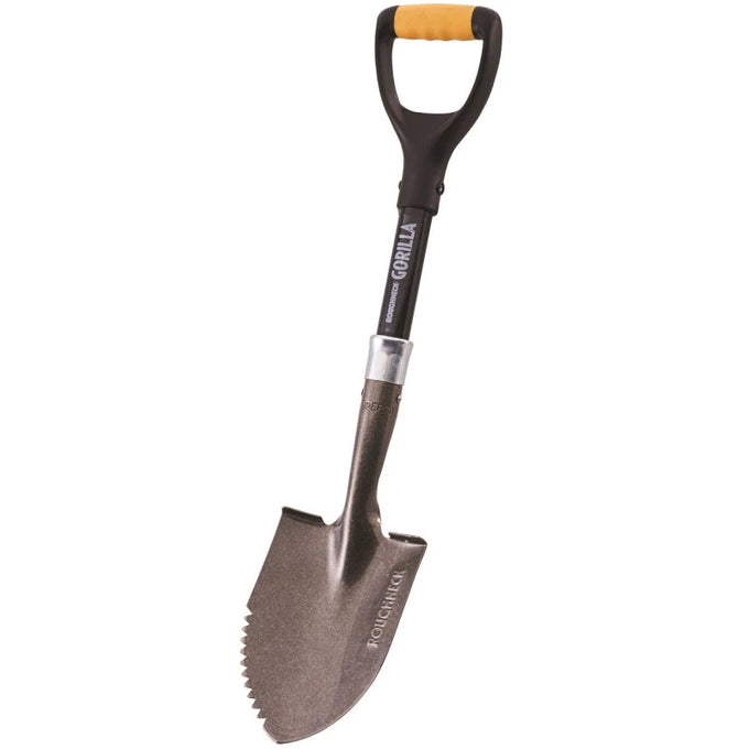 Roughneck Gorilla Micro Shovel with sharp serrated carbon steel blade, fibreglass shaft, 27-inch compact design – Keans