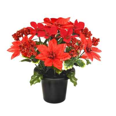 25cm Red Poinsettia Glitter Berry Grave Pot with 16 berries – festive grave decoration from Keans Claremorris