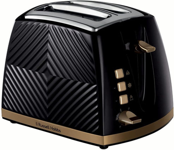 Russell Hobbs Groove 2-slice black toaster with gold accents, wide slots, high lift, crumb tray – Keans Claremorris