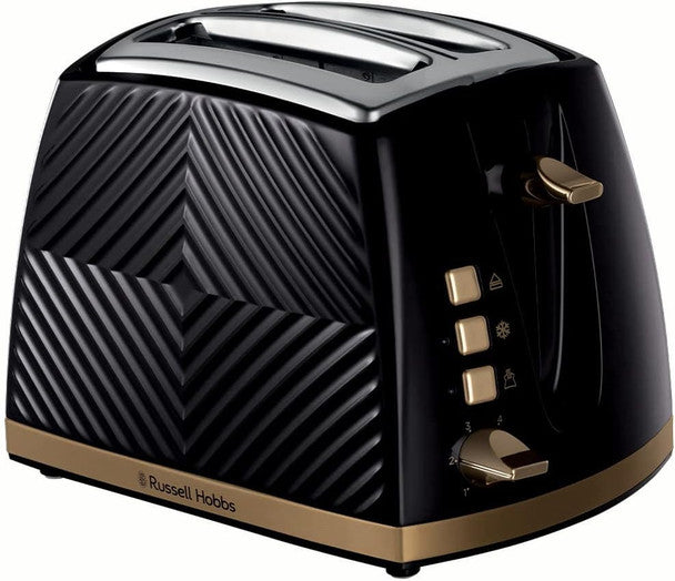Russell Hobbs Groove 2-slice black toaster with gold accents, wide slots, high lift, crumb tray – Keans Claremorris
