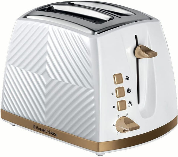 Russell Hobbs Groove 2-slice white toaster with gold accents, wide slots, high lift, crumb tray – available at Keans