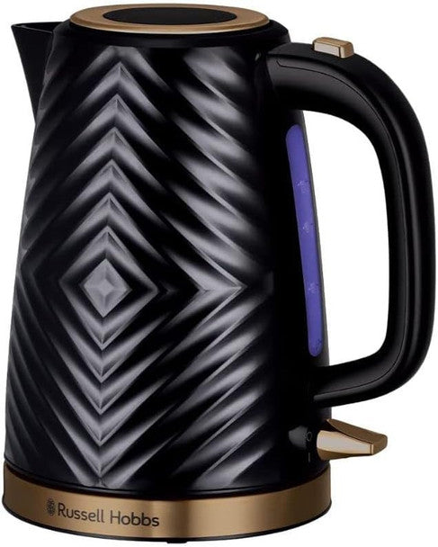Russell Hobbs Groove Electric Kettle Black 1.7L with gold accents, perfect pour spout, energy-saving – Keans Claremorris