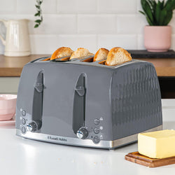 Russell Hobbs Honeycomb 4 Slice Grey Toaster 26073 with extra-wide slots, sleek design - available at Keans Claremorris