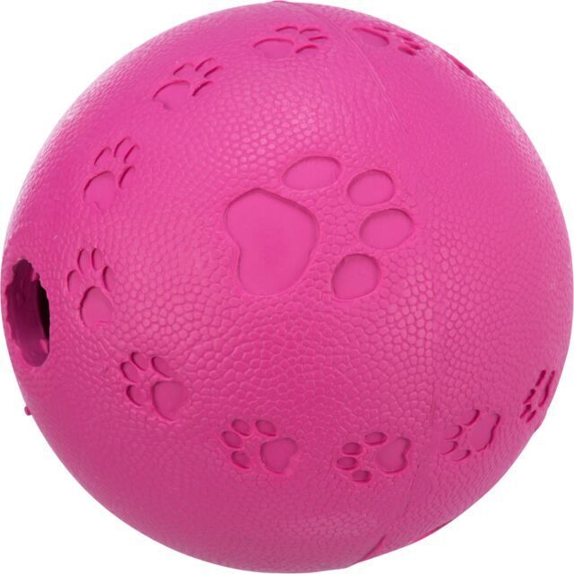 Pink dog treat ball with integrated labyrinth, natural rubber, 11cm, keeps dogs entertained – Keans Claremorris.