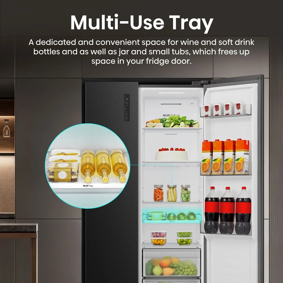 Hisense black stainless steel fridge with open door showing multi-use tray holding bottles and jars.