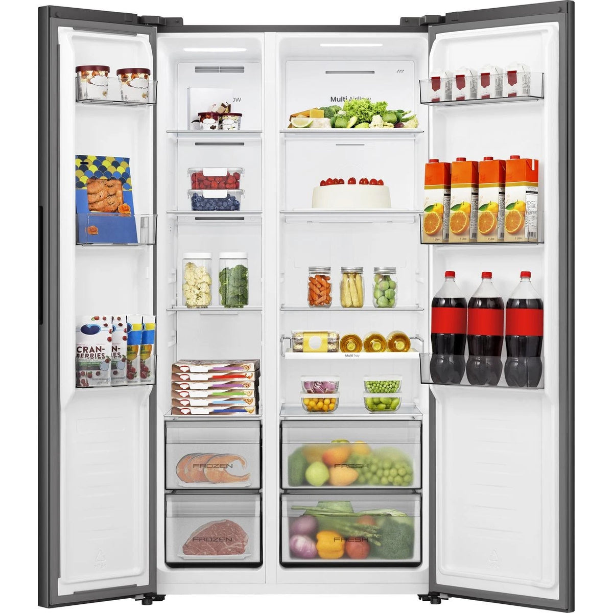 Hisense black stainless steel freestanding fridge freezer open, stocked with food and drinks inside