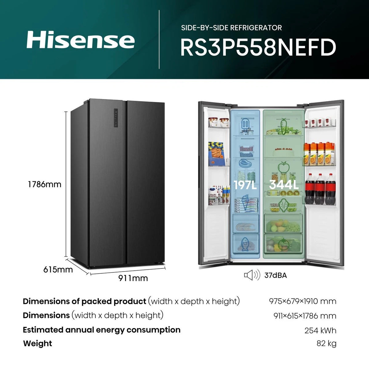 Hisense black stainless steel side-by-side refrigerator with doors closed and open showing interior storage compartments.