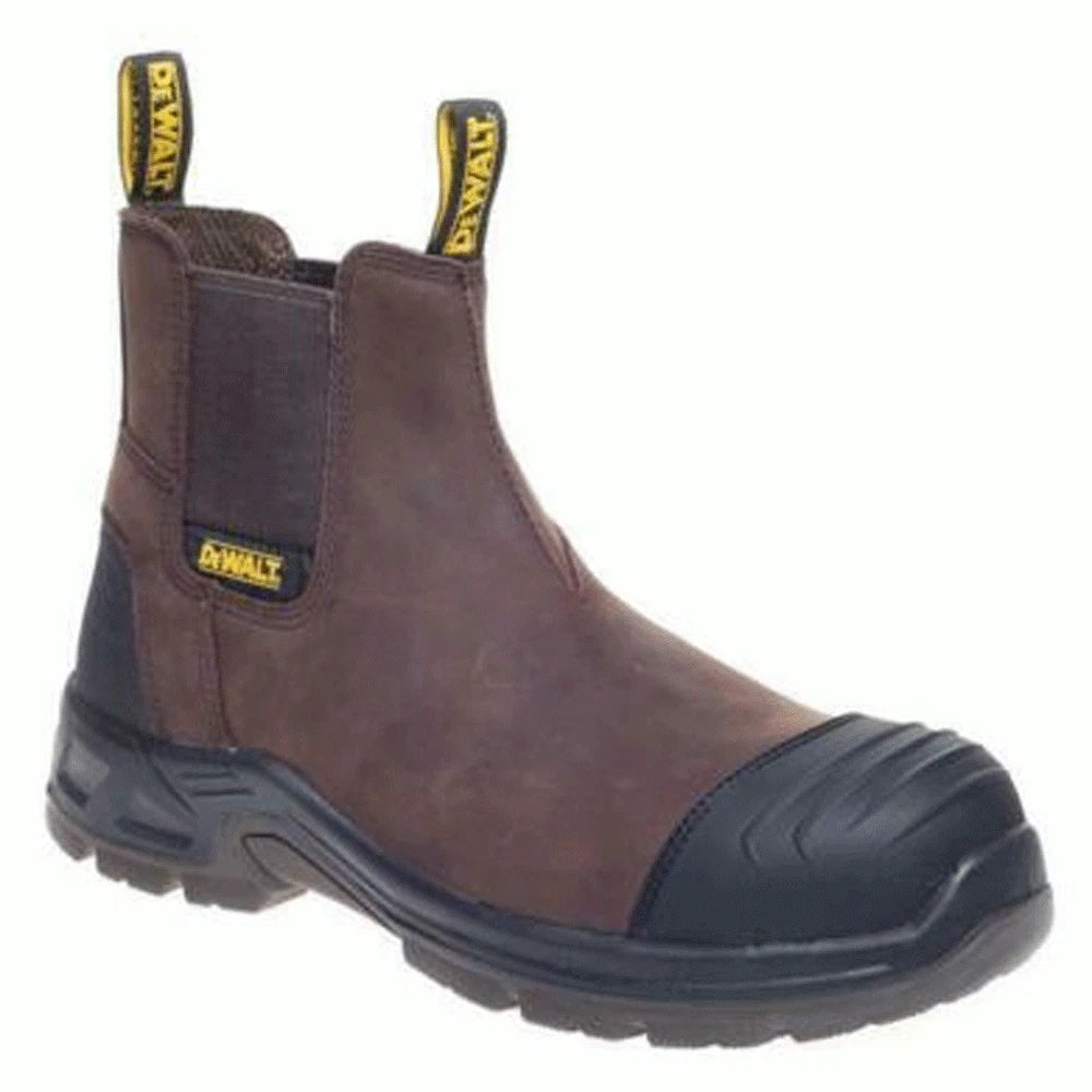 DeWalt Grafton Brown safety boot with black reinforced toe and pull tabs on a white background.