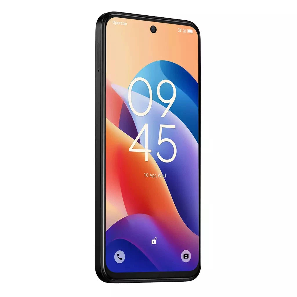 TCL 60 SE smartphone in black, angled view showing colorful screen with time and date display