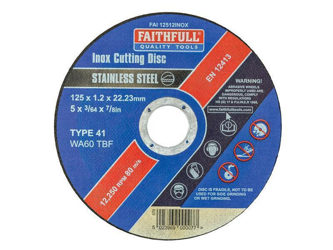 Faithfull 125mm stainless steel cutting disc, aluminium oxide grit, fibreglass reinforced, low noise, sold by Kean’s