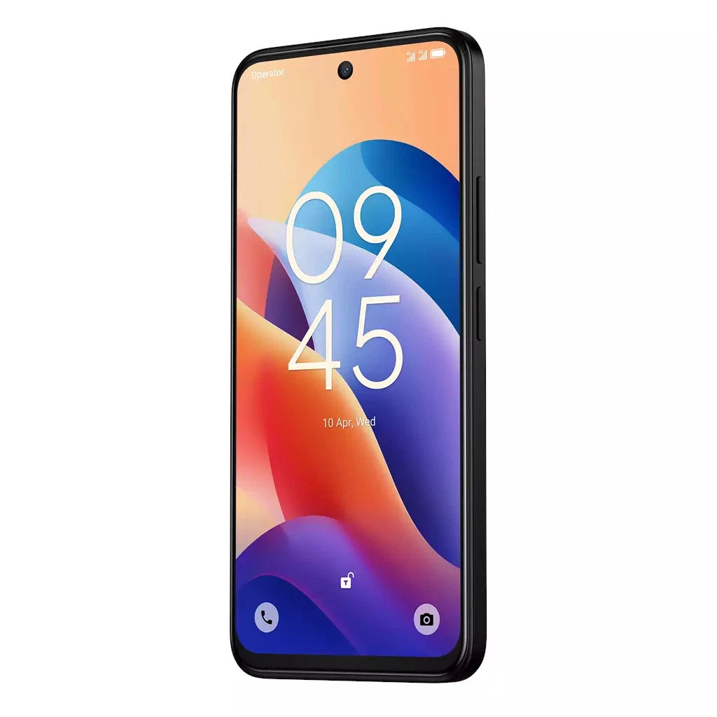 TCL 60 SE black smartphone angled view showing colorful screen with time and date displayed