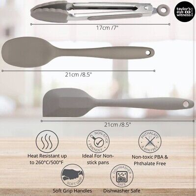 Grey set of 3 silicone kitchen tools including tongs, spoon, and spatula with soft grip handles and heat resistance.