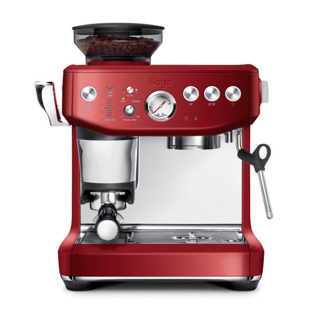 Sage Barista Express Impress Red espresso machine with integrated grinder, PID control, steam wand – available at Kean’s