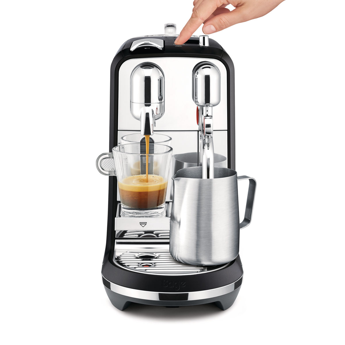 Sage The Creatista Plus Nespresso machine in black brewing espresso with milk frothing jug and hand pressing button