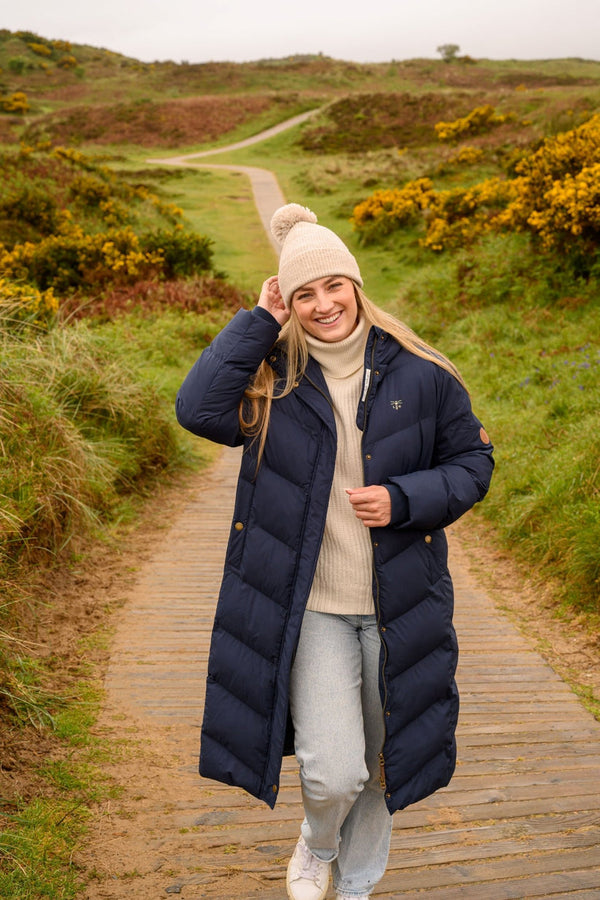 Savannah Ladies Long Navy Coat, padded with 450g recycled fill, water repellent, hooded, relaxed fit – Keans Claremorris