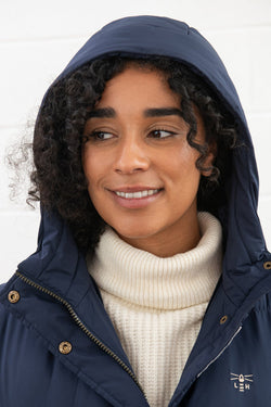 Savannah Ladies Long Navy Coat, stylish and warm outerwear, available at Keans Claremorris.