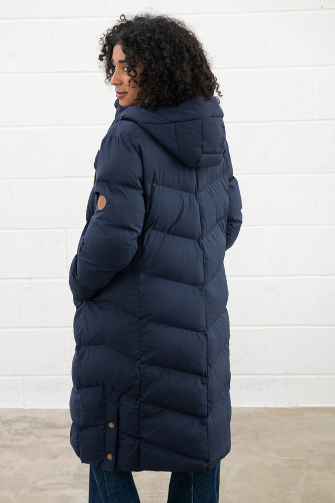 Savannah Ladies Long Navy Coat, stylish and warm outerwear for women, available at Keans Claremorris.
