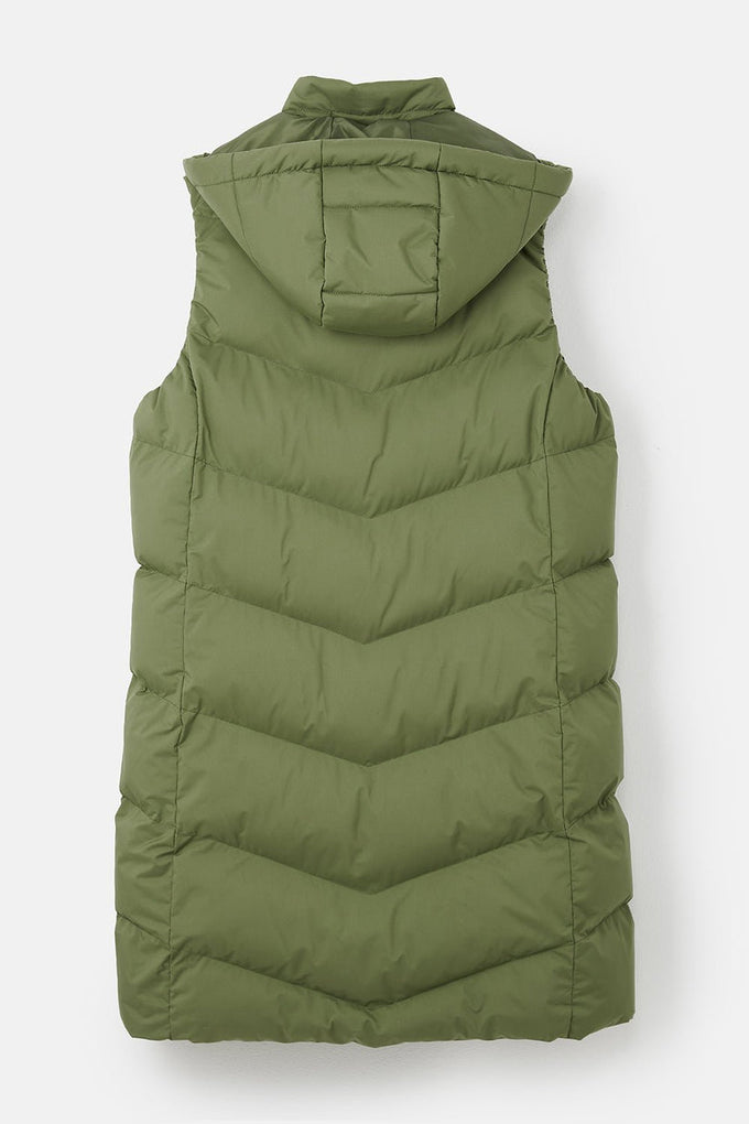 Savannah Ladies Long Olive Gilet, sleeveless jacket for women, stylish layering piece - Keans Claremorris