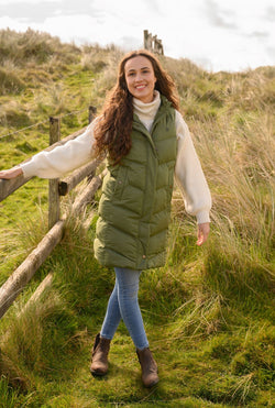 Savannah Ladies Long Olive Gilet, sleeveless jacket for women, stylish layering piece - Keans Claremorris