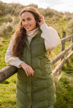 Savannah Ladies Long Olive Gilet with detachable hood, padded 300g recycled fill, water repellent, two front pockets - Keans