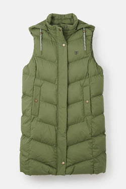 Savannah Ladies Long Olive Gilet, sleeveless jacket for women, stylish layering piece - Keans Claremorris