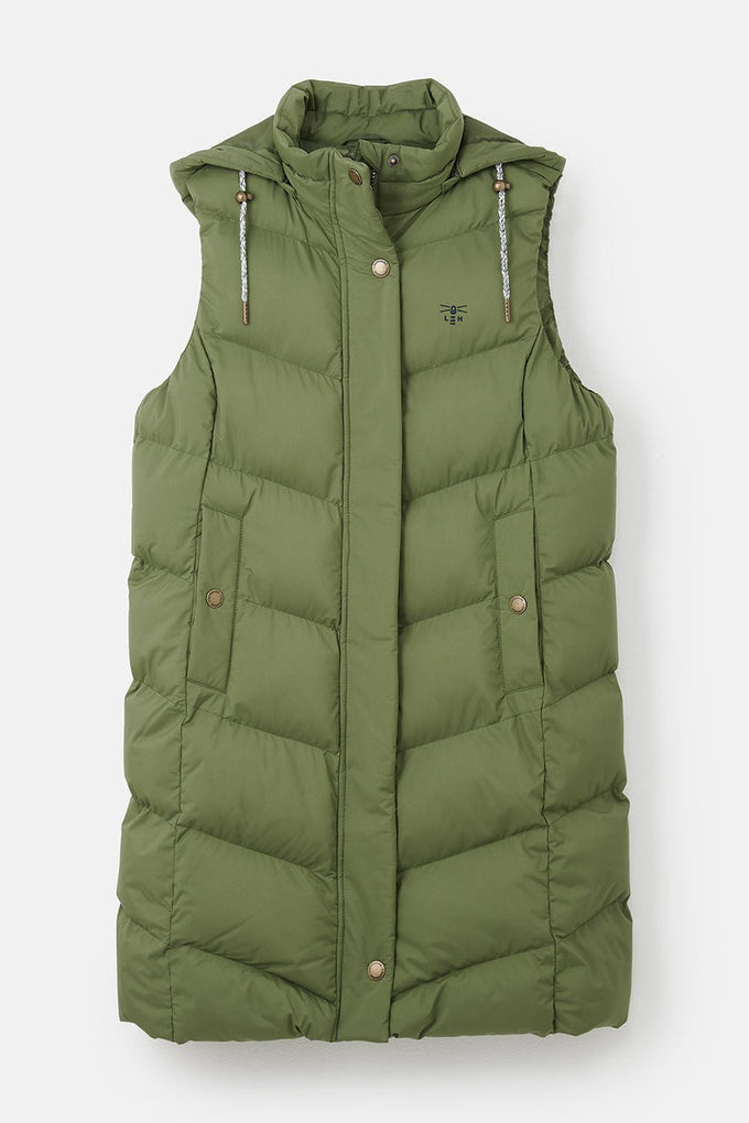 Savannah Ladies Long Olive Gilet, sleeveless jacket for women, stylish layering piece - Keans Claremorris