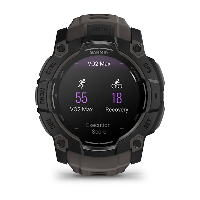 Garmin Instinct 3 50mm AMOLED smartwatch in black with charcoal band, rugged design – available at Keans Claremorris.