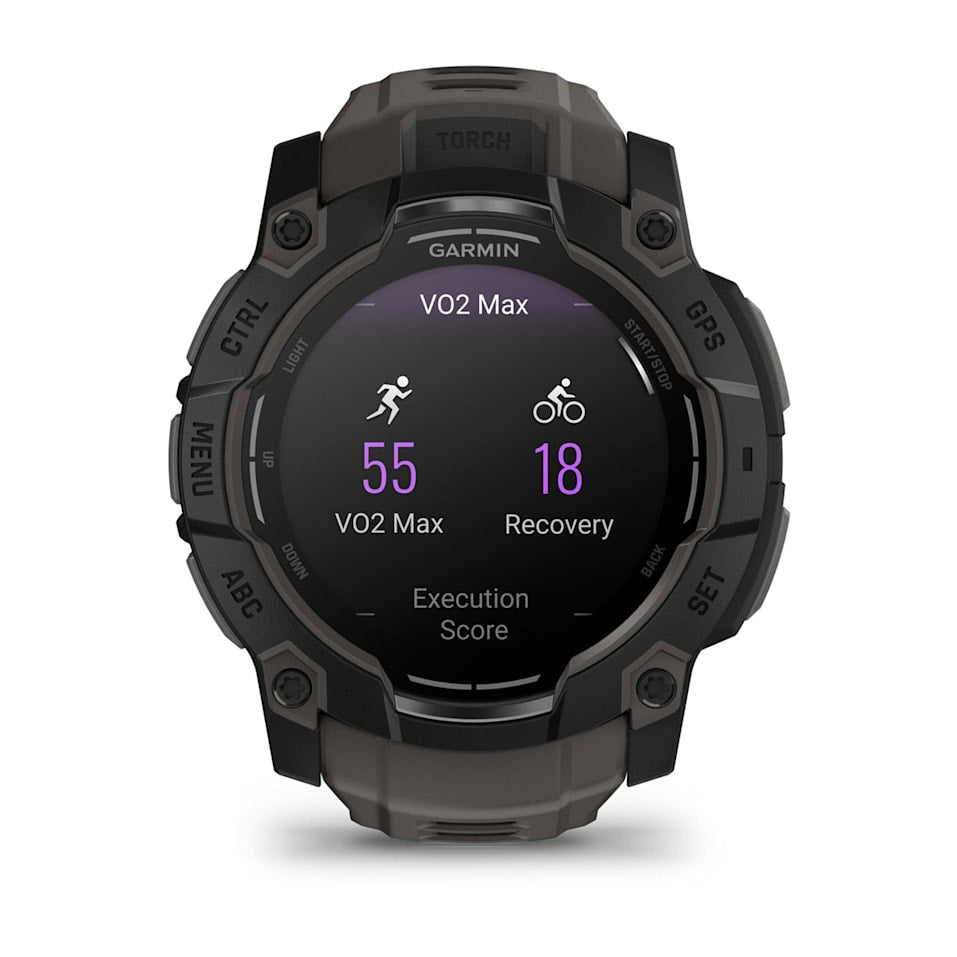 Garmin Instinct 3 50mm AMOLED smartwatch in black with charcoal band, rugged design – available at Keans Claremorris.